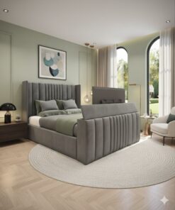Seoul Wing TV Bed in a modern bedroom with grey upholstered winged headboard and built-in footboard TV lift mechanism
