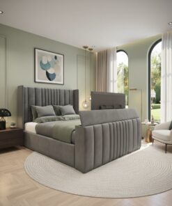 Seoul Wing TV Bed in a modern bedroom with grey upholstered winged headboard and built-in footboard TV lift mechanism